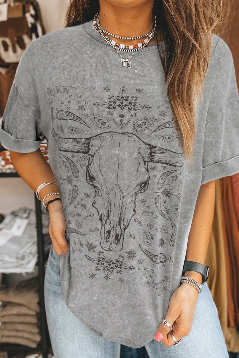 Light Grey Western Steer Head Tie Dye Print Crew Neck T Shirt - Love Salve