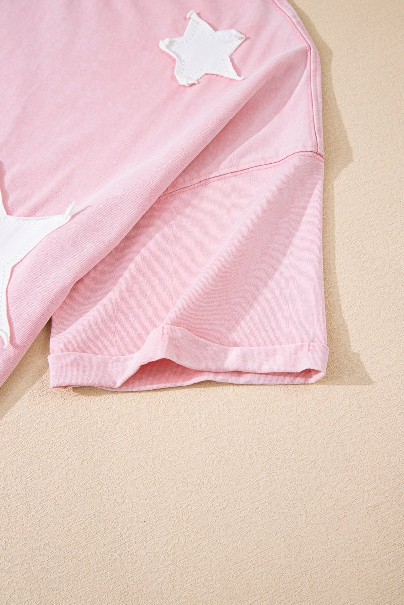 Light Pink Acid Wash Star Patched Rolled Trim Pants Set - Love Salve
