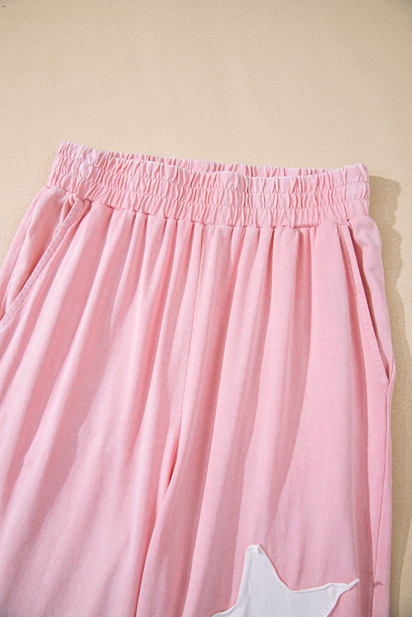 Light Pink Acid Wash Star Patched Rolled Trim Pants Set - Love Salve