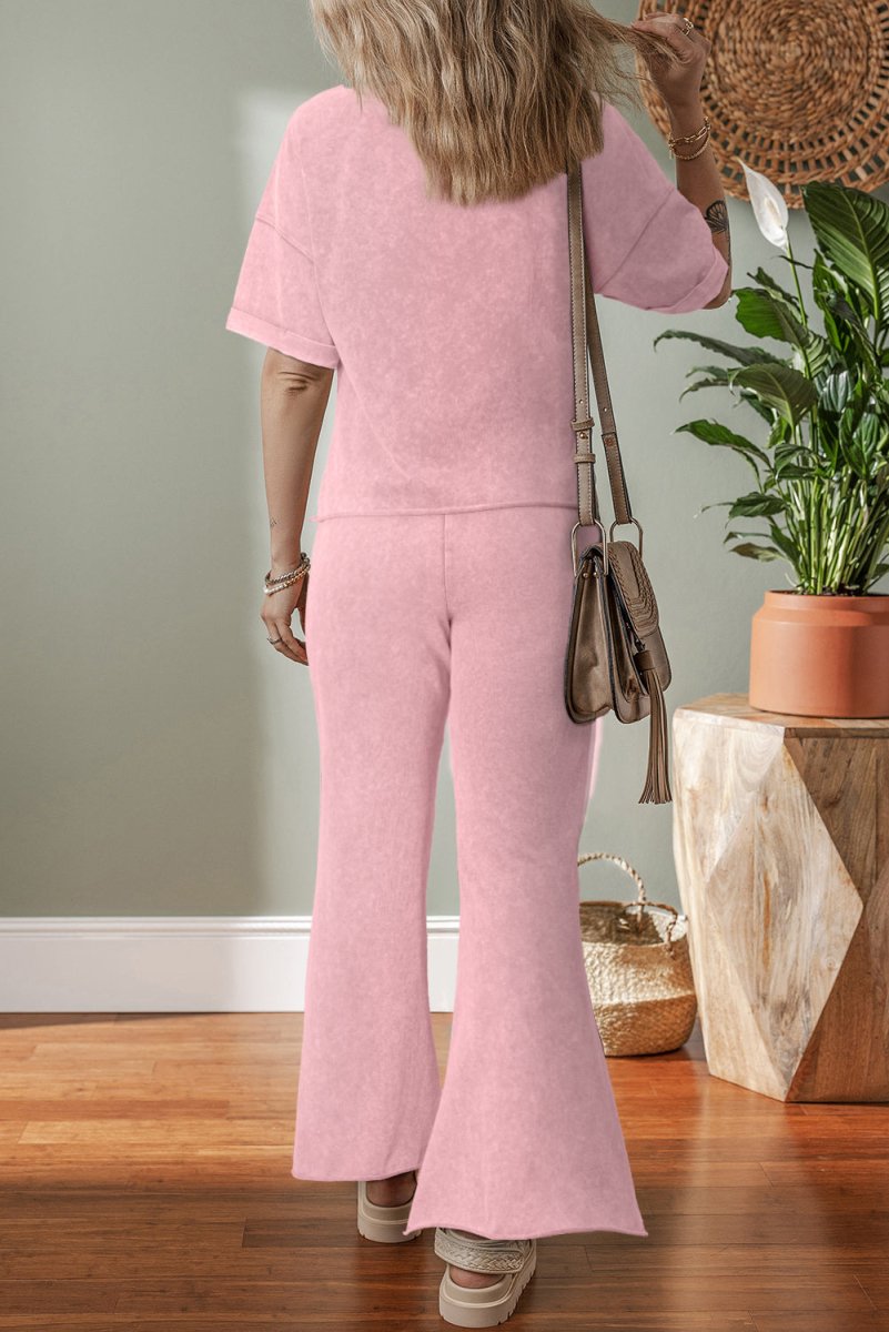 Light Pink Acid Wash Star Patched Rolled Trim Pants Set - Love Salve