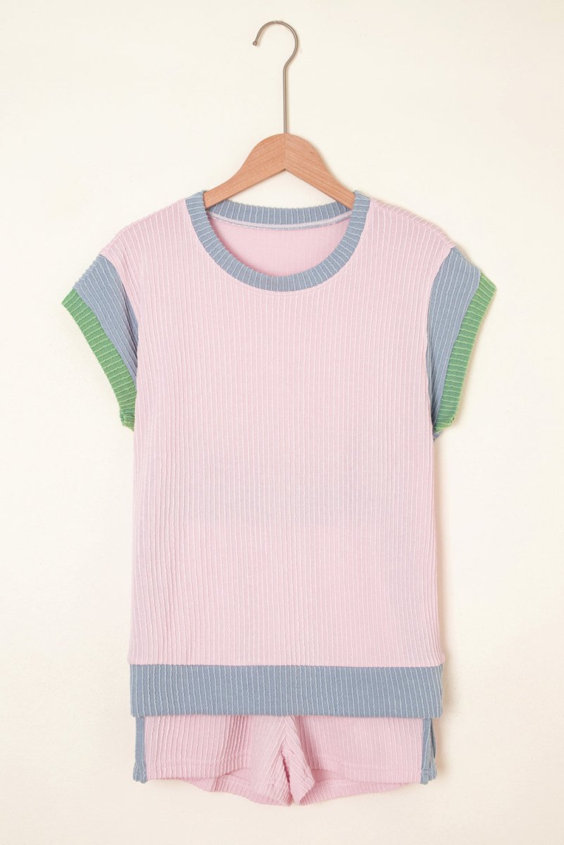 Light Pink Colorblock Corded Short Sleeve Boxy Top and Shorts Set - Love Salve