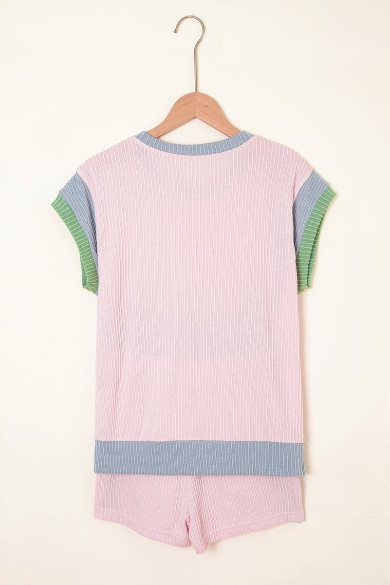 Light Pink Colorblock Corded Short Sleeve Boxy Top and Shorts Set - Love Salve