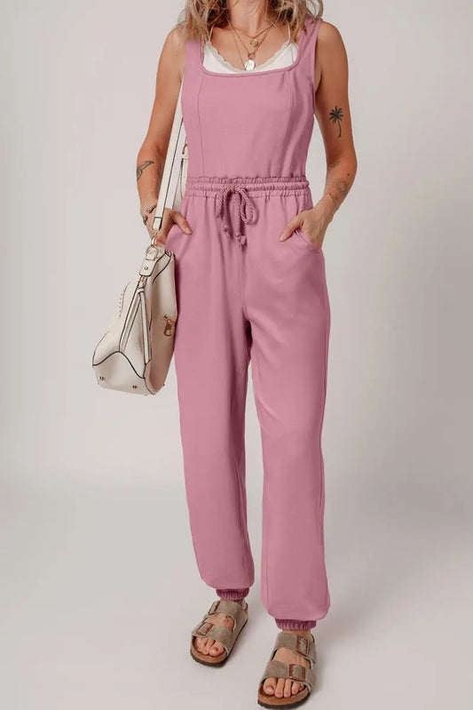 Light Pink Lace-up Elastic Waist Sleeveless Square Neck Jumpsuit - Love Salve