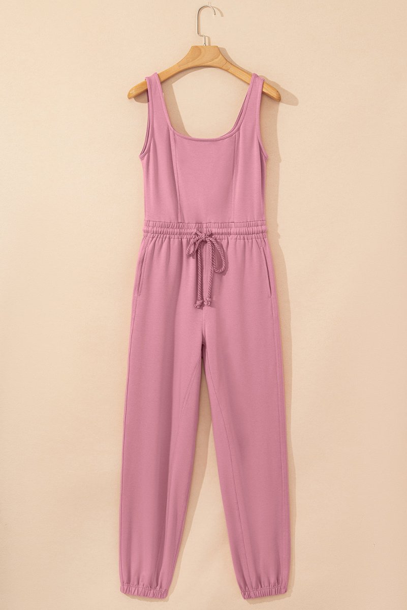 Light Pink Lace-up Elastic Waist Sleeveless Square Neck Jumpsuit - Love Salve