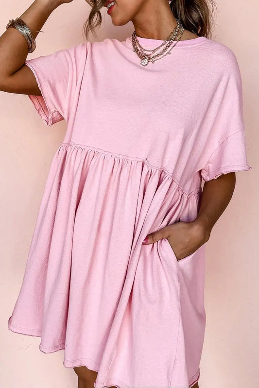 Light Pink Solid Color Pocketed Raw Edge Babydoll Dress - Love Salve