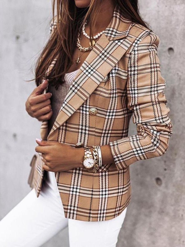 Long - Sleeved Double - Breasted Plaid - Print Blazer for Women - Love Salve