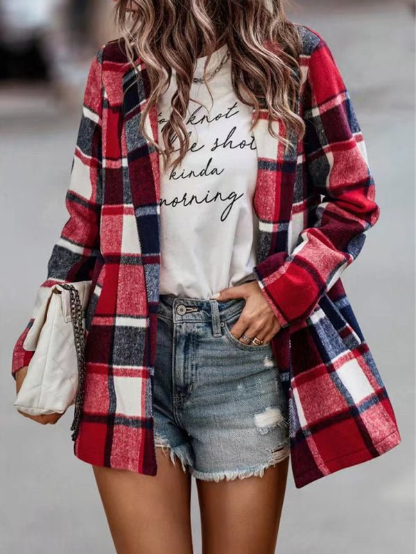 Loose Plaid Printed Long Sleeve Pocket Wool Jacket Cardigan - Love Salve