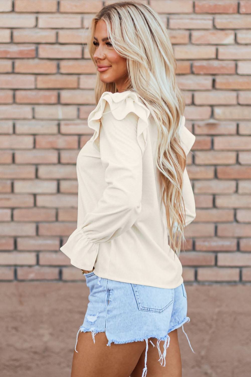 Chic beige corduroy blouse with ruffle sleeves - Love Salve