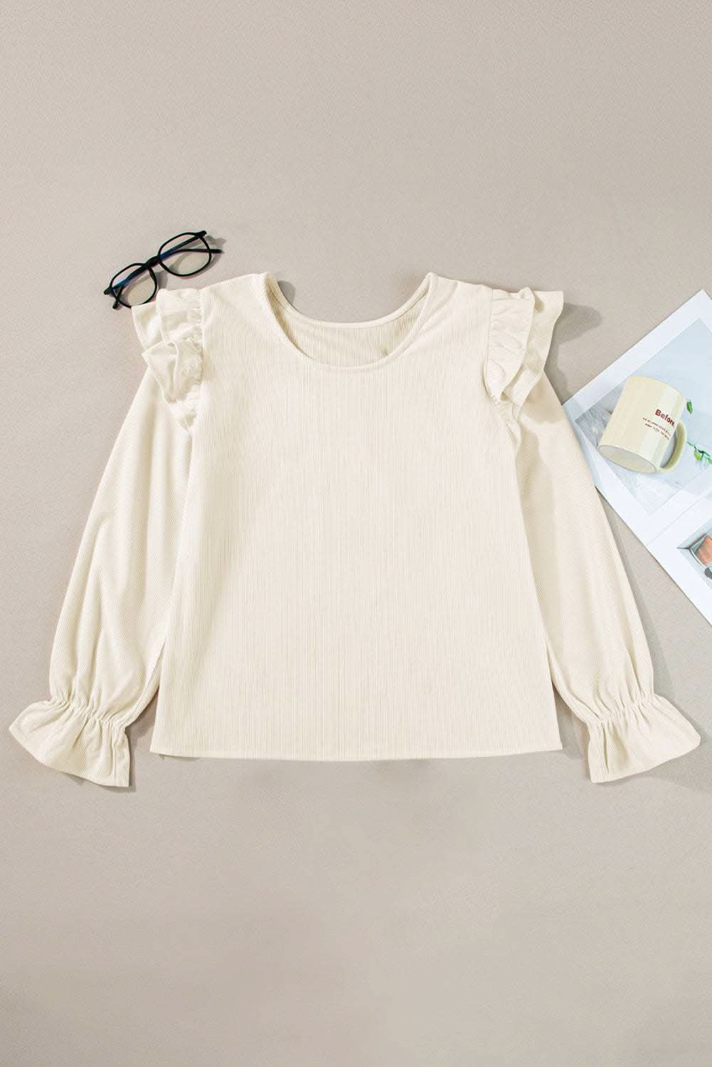 Chic beige corduroy blouse with ruffle sleeves - Love Salve