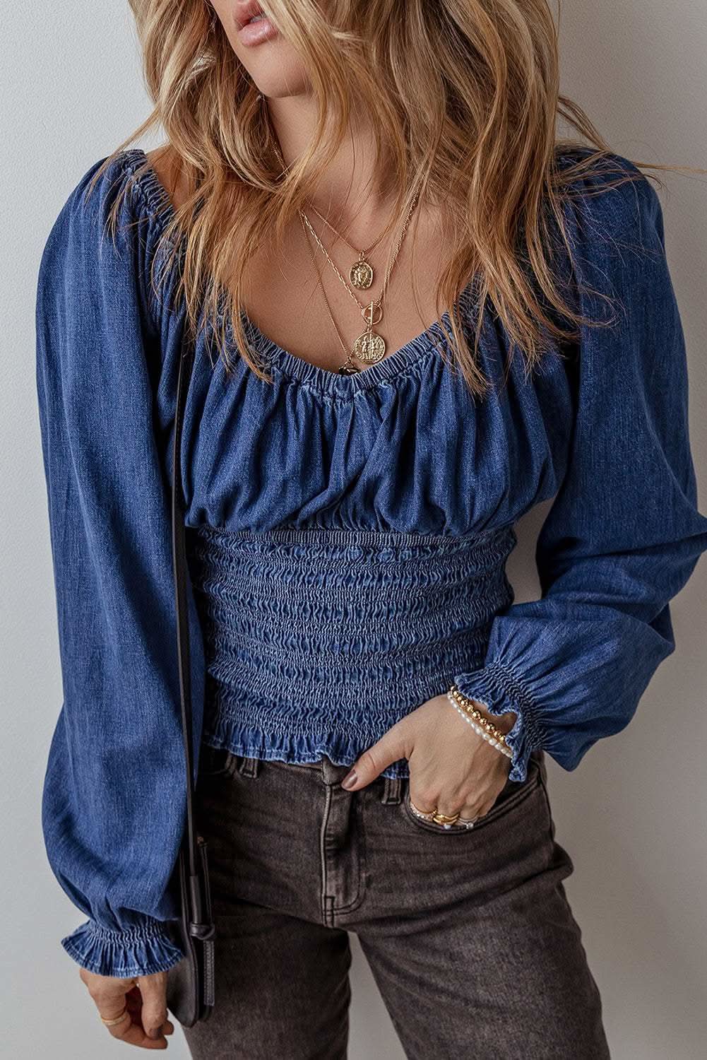Chic dark blue puff sleeve denim top - Love Salve