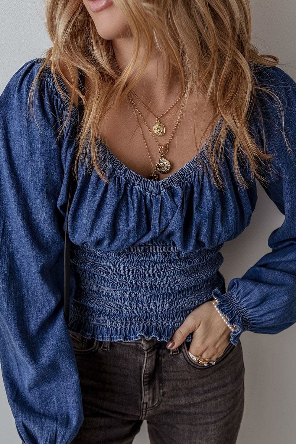Chic dark blue puff sleeve denim top - Love Salve