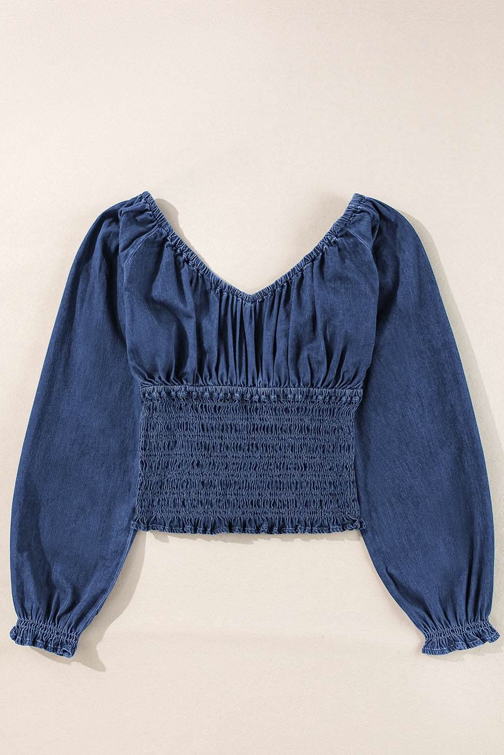 Chic dark blue puff sleeve denim top - Love Salve