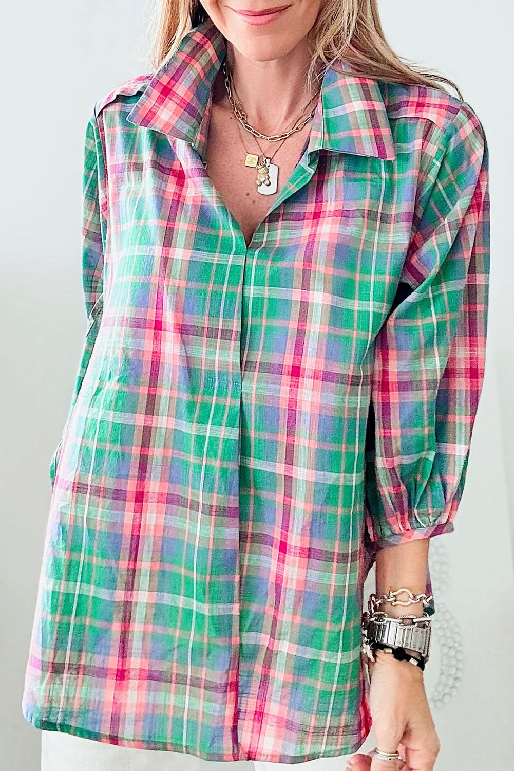 Casual green plaid shirt, 3/4 sleeve - Love Salve