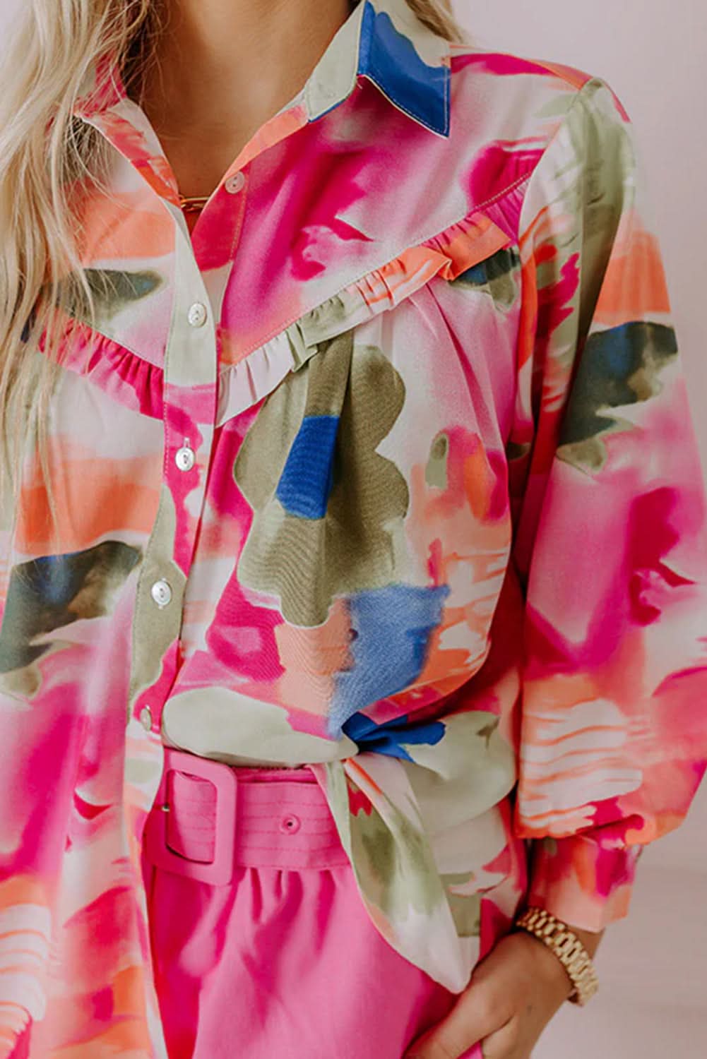 Chic rose abstract blouse with puff sleeves - Love Salve