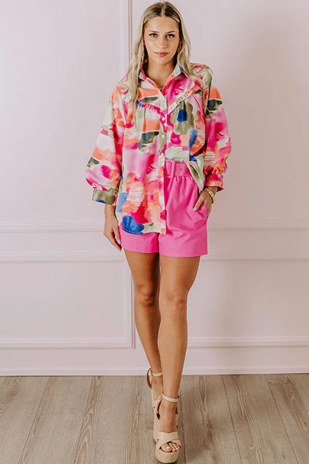 Chic rose abstract blouse with puff sleeves - Love Salve