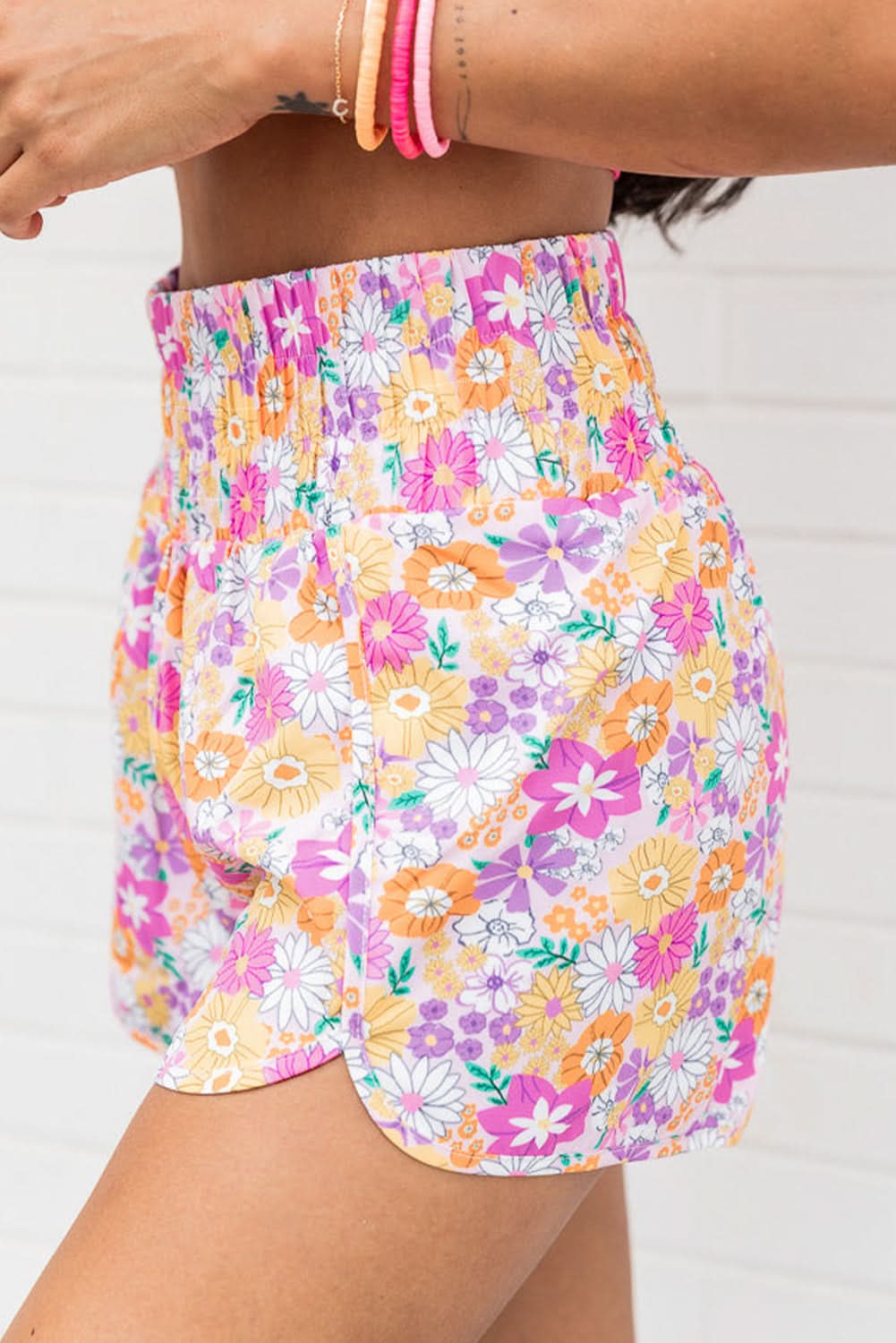 Pink Boho Floral Shirred High Waist Casual Shorts - Love Salve