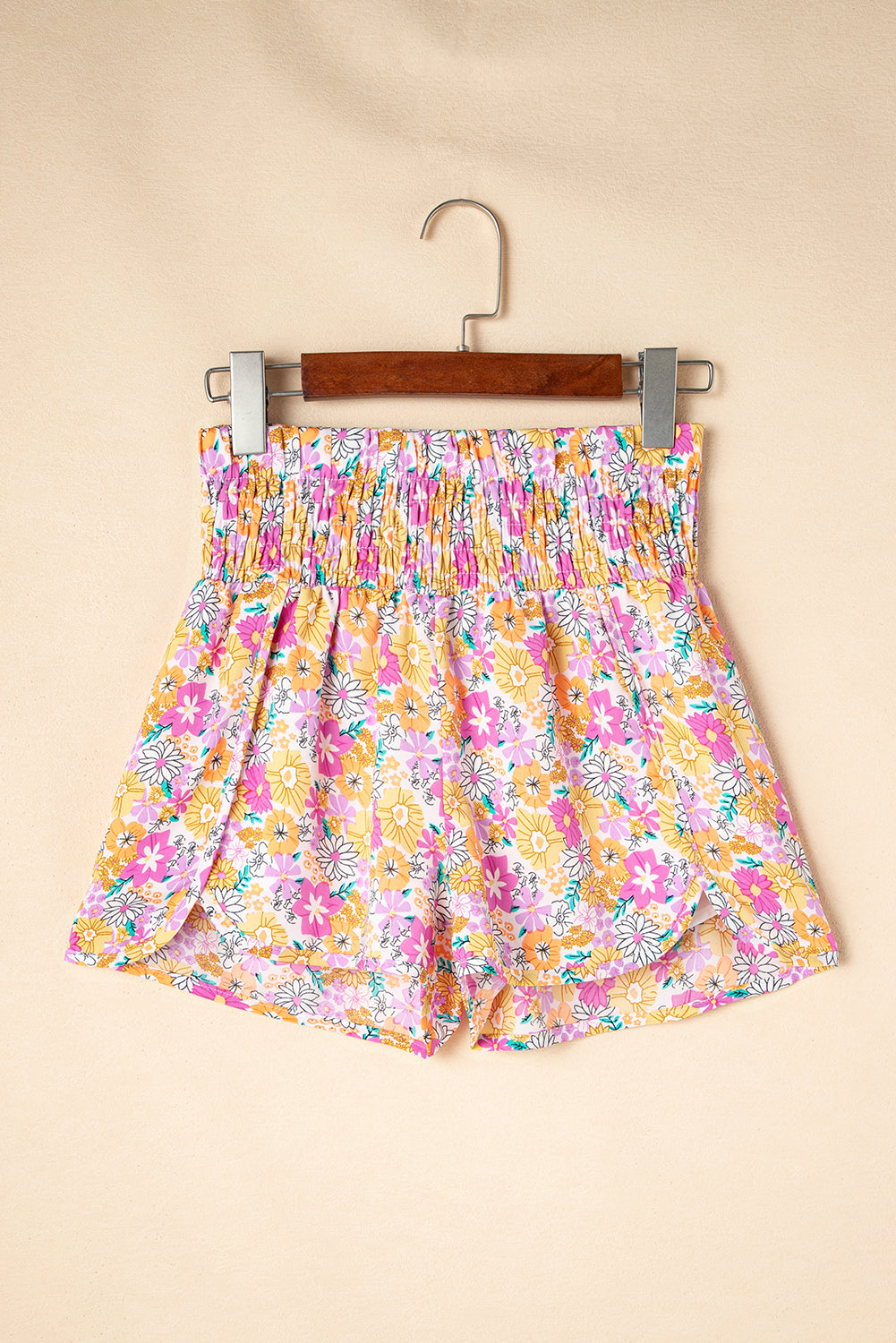 Pink Boho Floral Shirred High Waist Casual Shorts - Love Salve