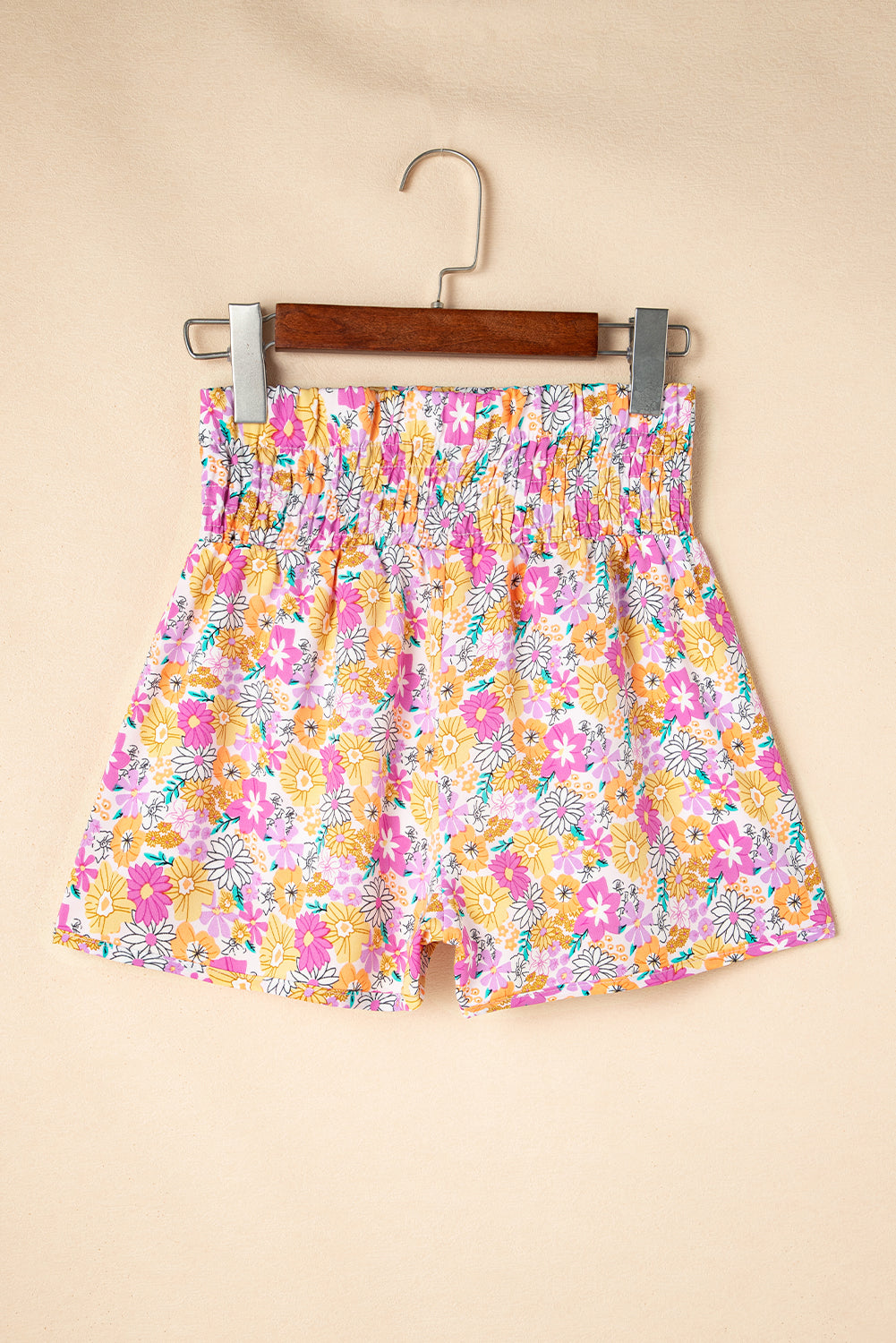 Pink Boho Floral Shirred High Waist Casual Shorts - Love Salve