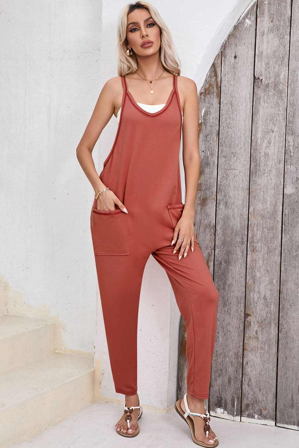 Gold Flame Side Pockets Harem Pants Sleeveless V Neck Jumpsuit - Love Salve