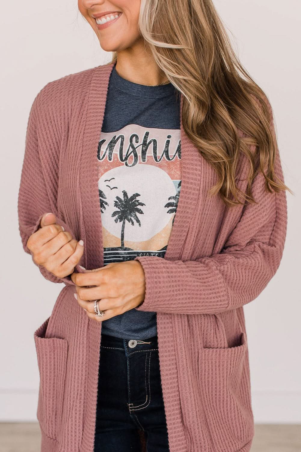 Mineral red waffle knit cardigan - Love Salve