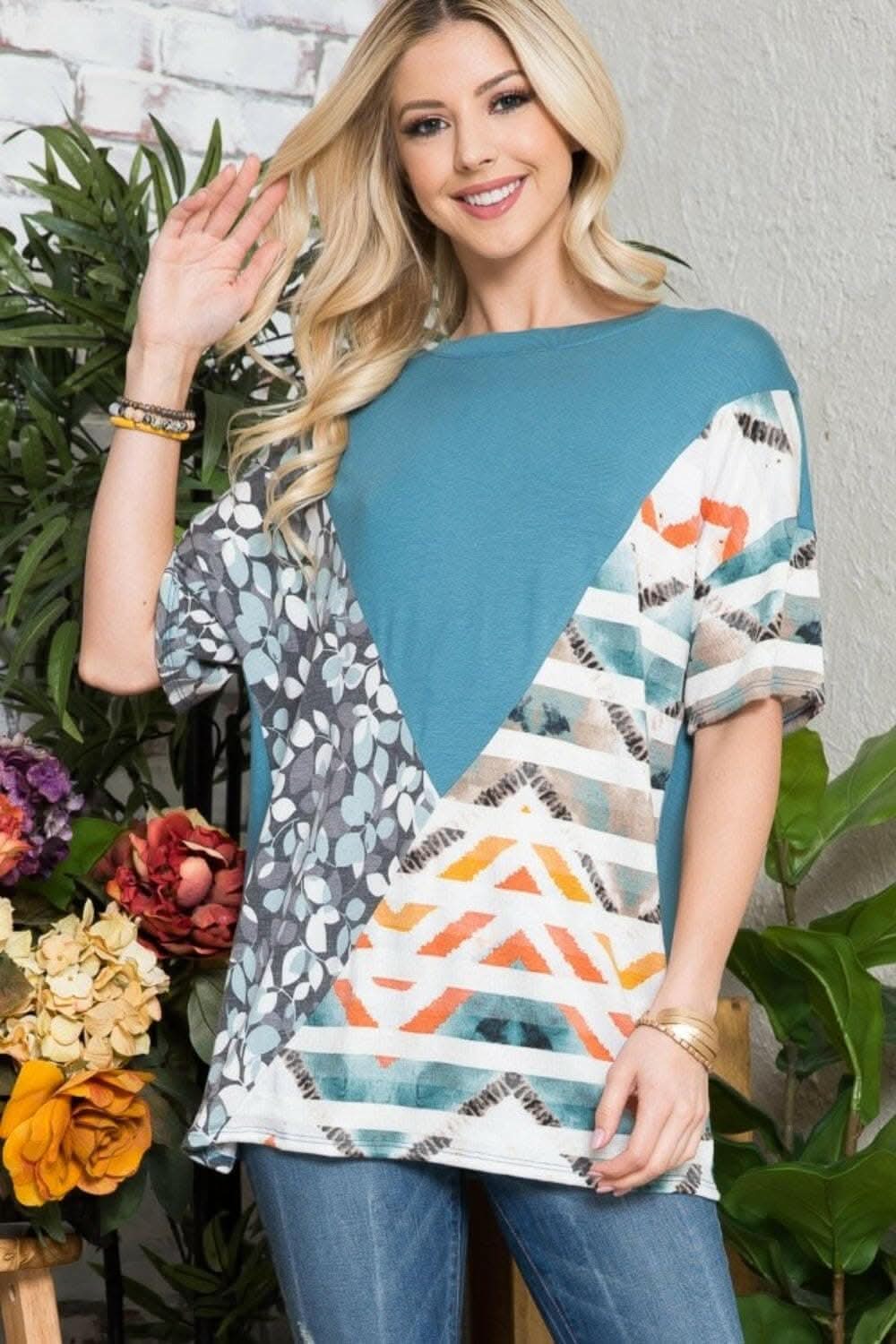 Celeste color block tee, light teal, full size - Love Salve