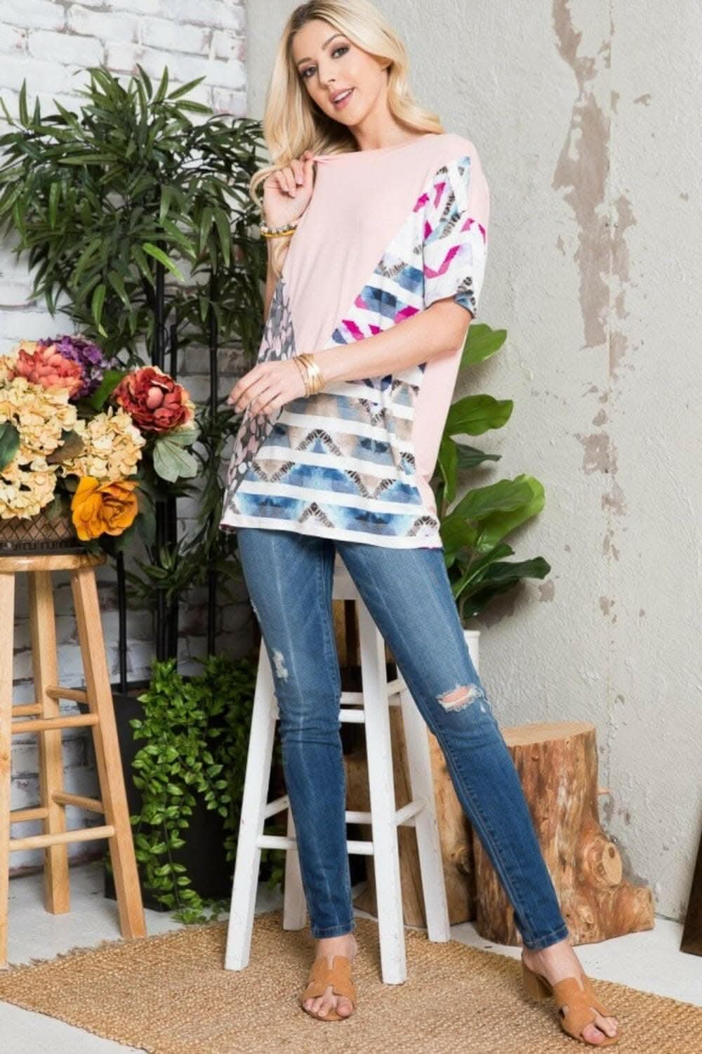 Celeste color block tee, light teal, full size - Love Salve