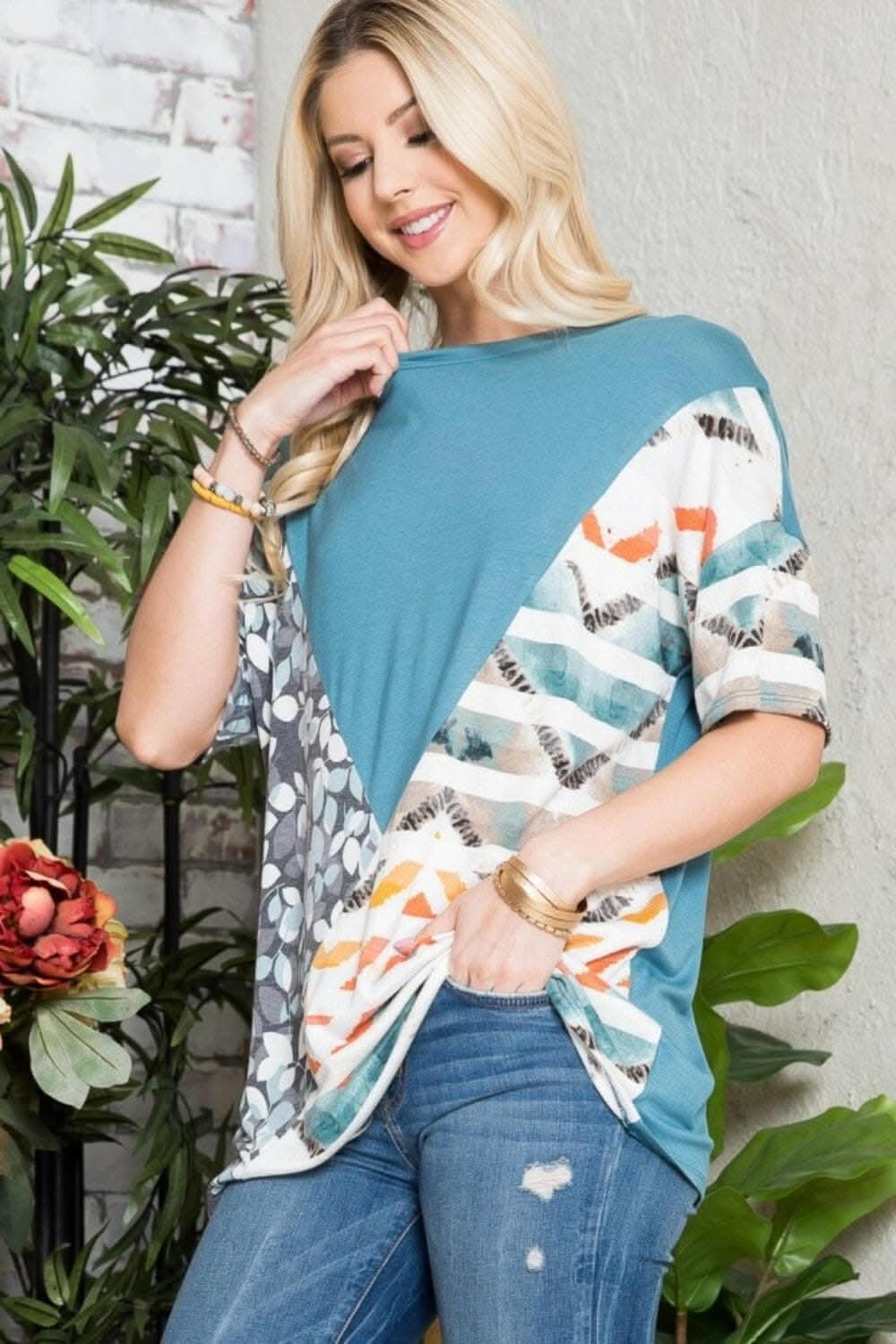 Celeste color block tee, light teal, full size - Love Salve