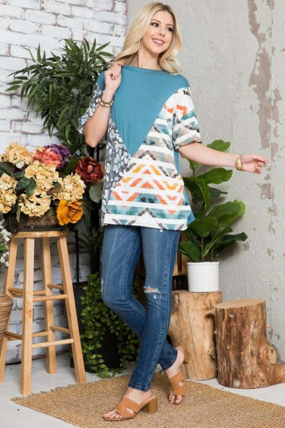 Celeste color block tee, light teal, full size - Love Salve