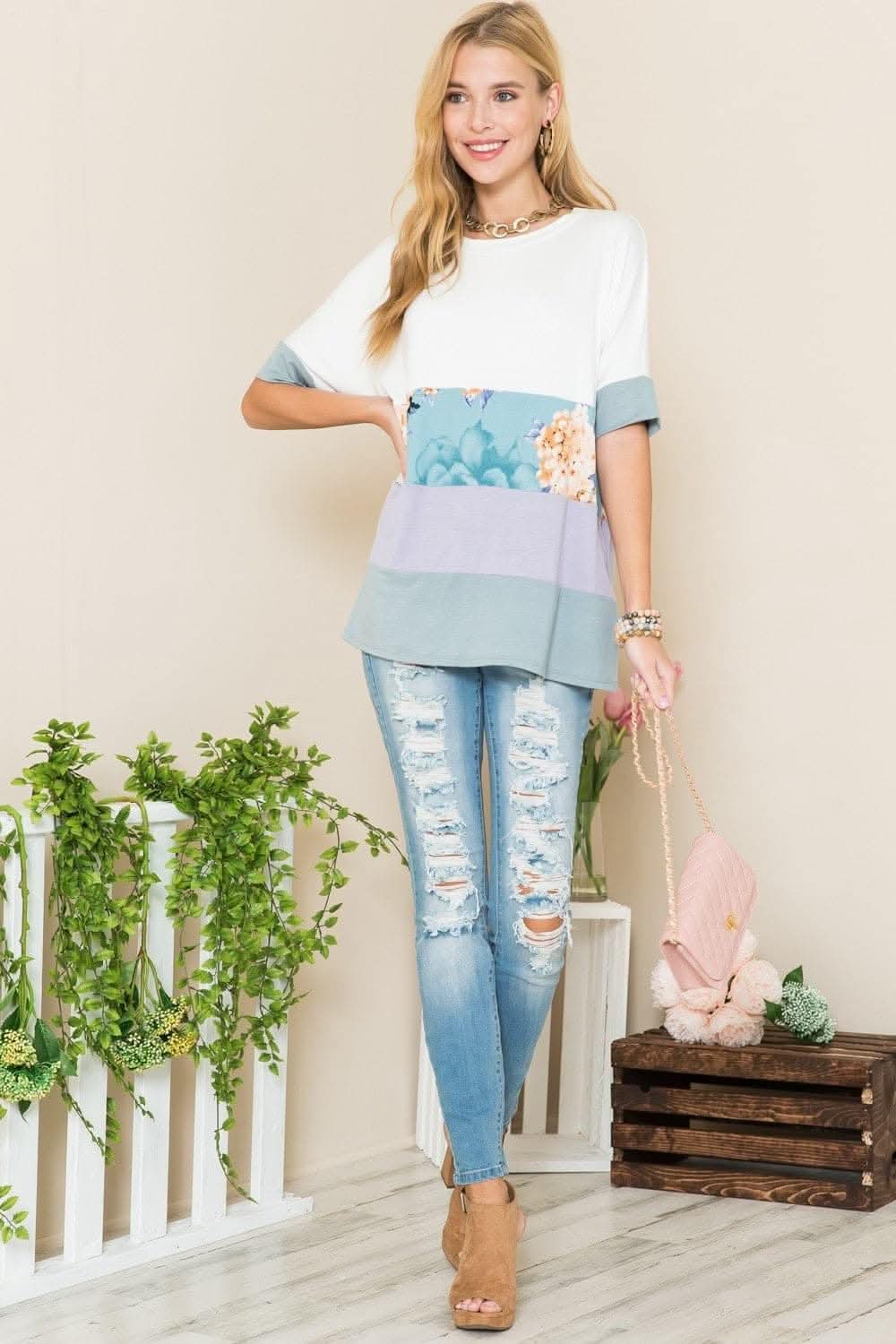 Celeste ivory lilac color block tee - Love Salve