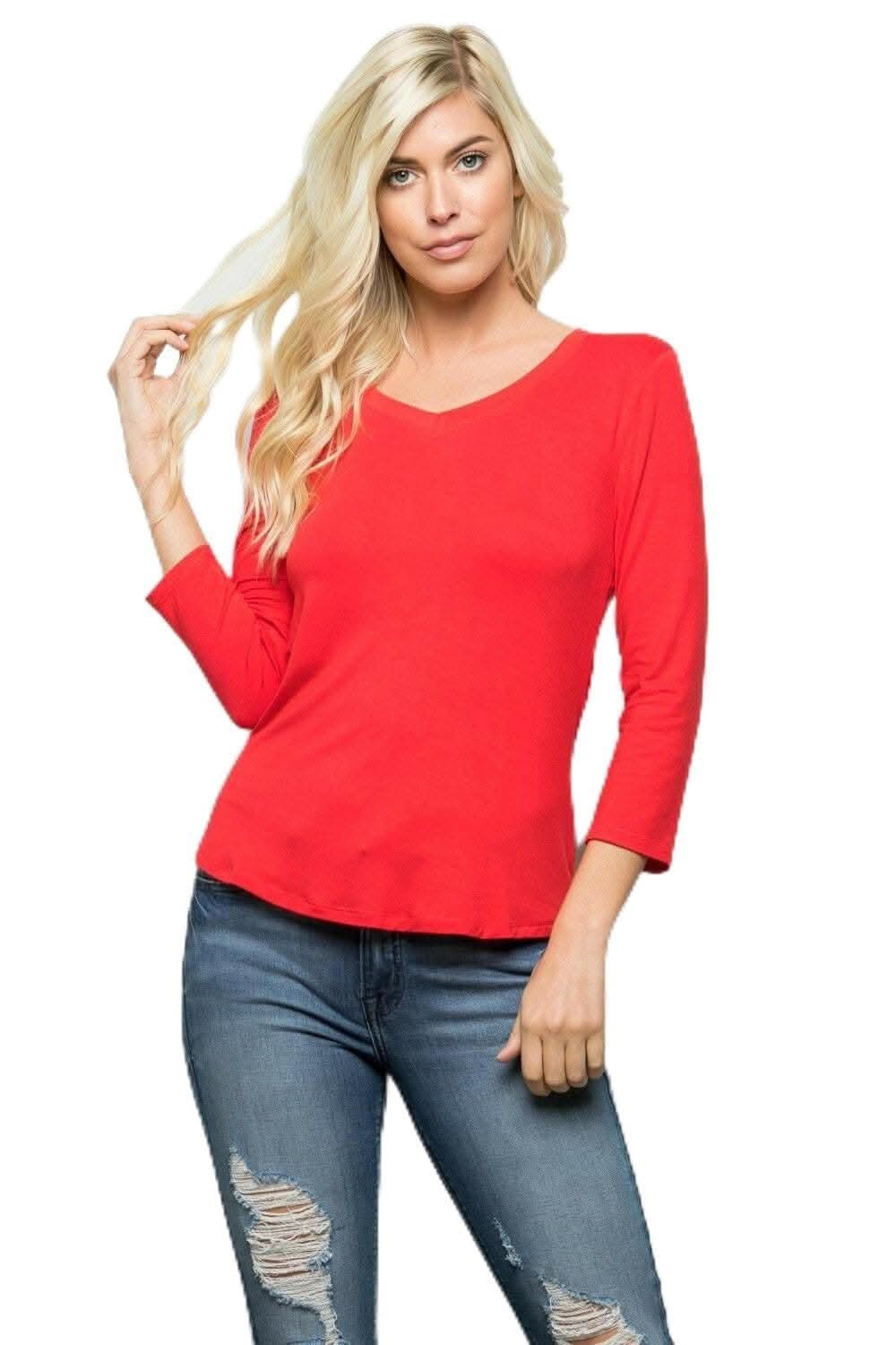 Celeste Red V-Neck Tee, 3/4 Sleeve - Love Salve