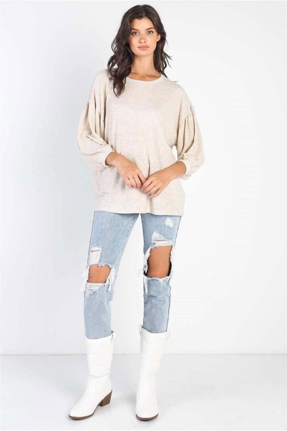 Chic Oatmeal Ivory Puff Sleeve Top - Love Salve