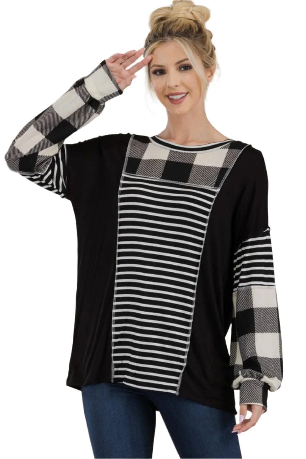 Love Salve Celeste Full Size Color Block Exposed Seam T-Shirt Black/White Plaid/XL - Love Salve