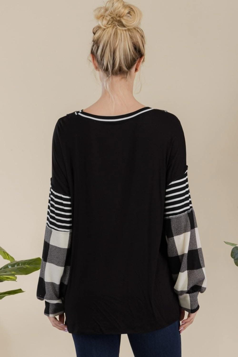 Love Salve Celeste Full Size Color Block Exposed Seam T-Shirt Black/White Plaid/XL - Love Salve