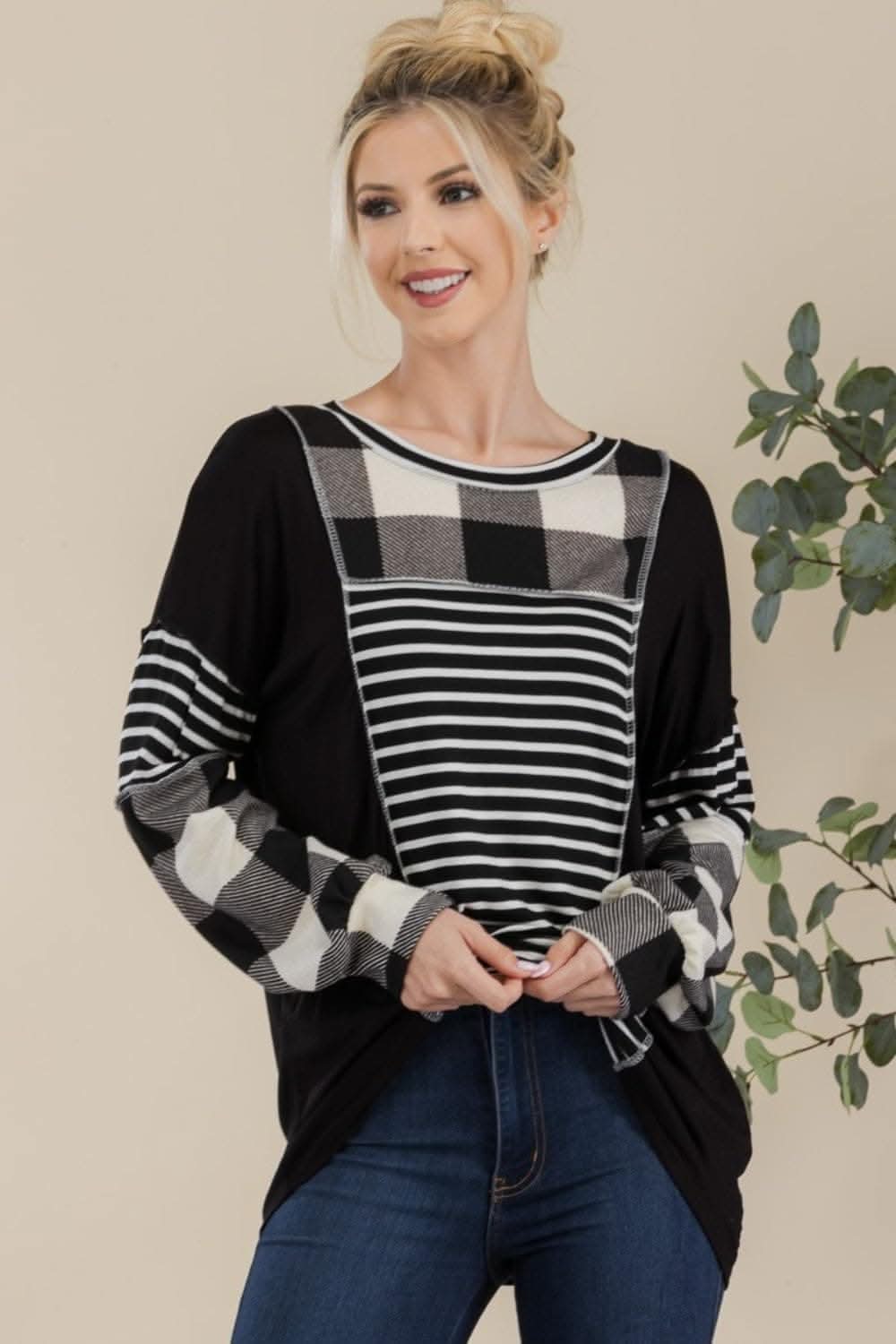 Love Salve Celeste Full Size Color Block Exposed Seam T-Shirt Black/White Plaid/XL - Love Salve