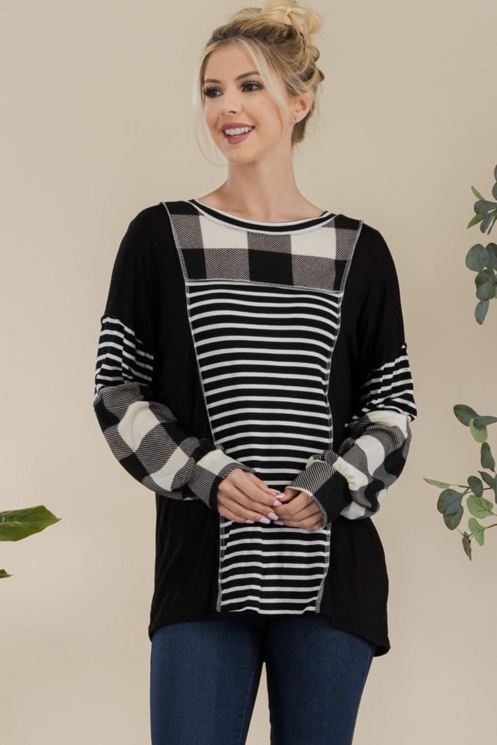 Love Salve Celeste Full Size Color Block Exposed Seam T-Shirt Black/White Plaid/XL - Love Salve