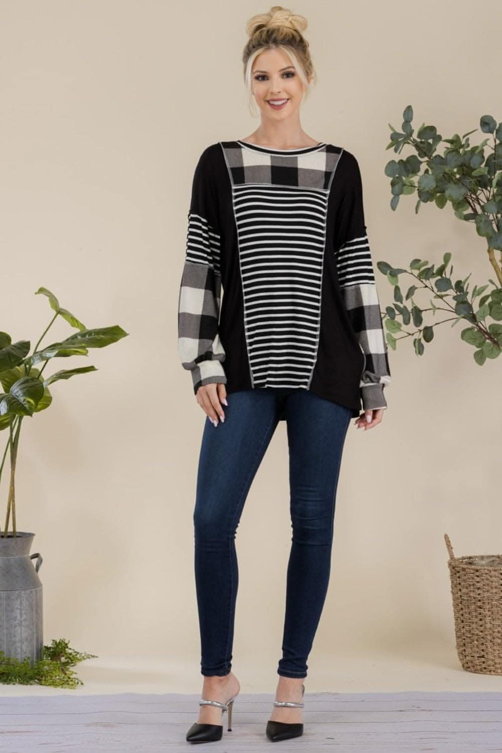 Love Salve Celeste Full Size Color Block Exposed Seam T-Shirt Black/White Plaid/XL - Love Salve