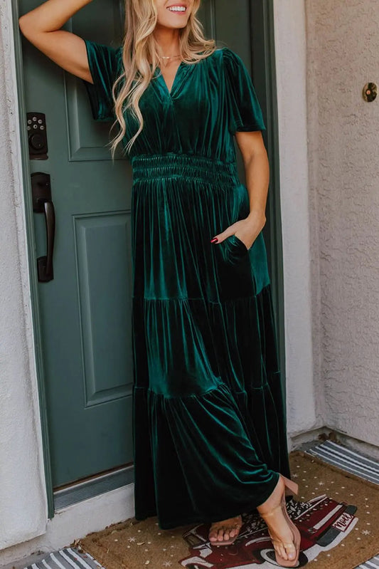 Evergreen velvet tiered maxi dress - Love Salve