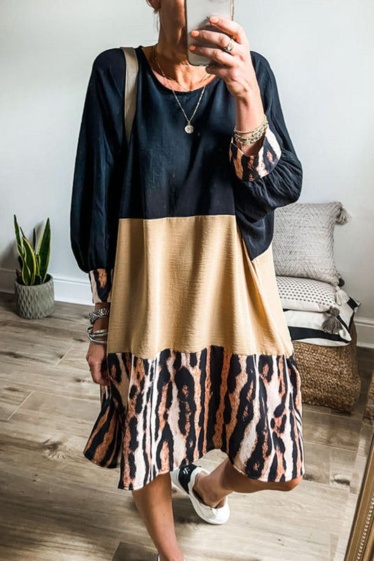 Khaki Printed Tiger Stripe Colorblock Bishop Sleeve Mini Dress - Love Salve