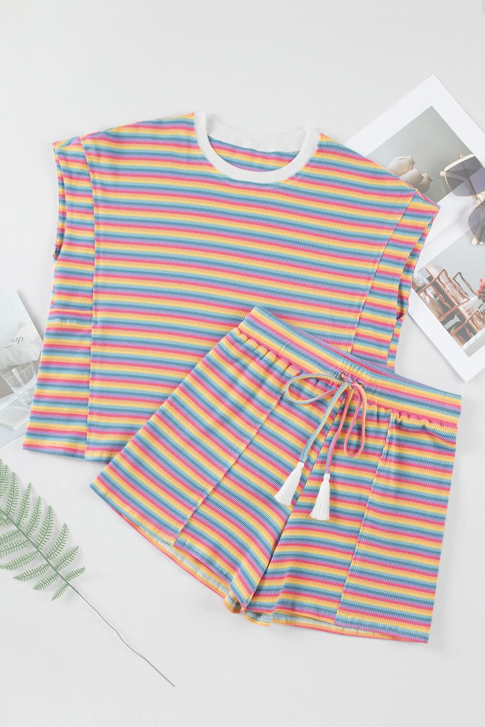 Chic pink striped tee & tassel shorts set - Love Salve