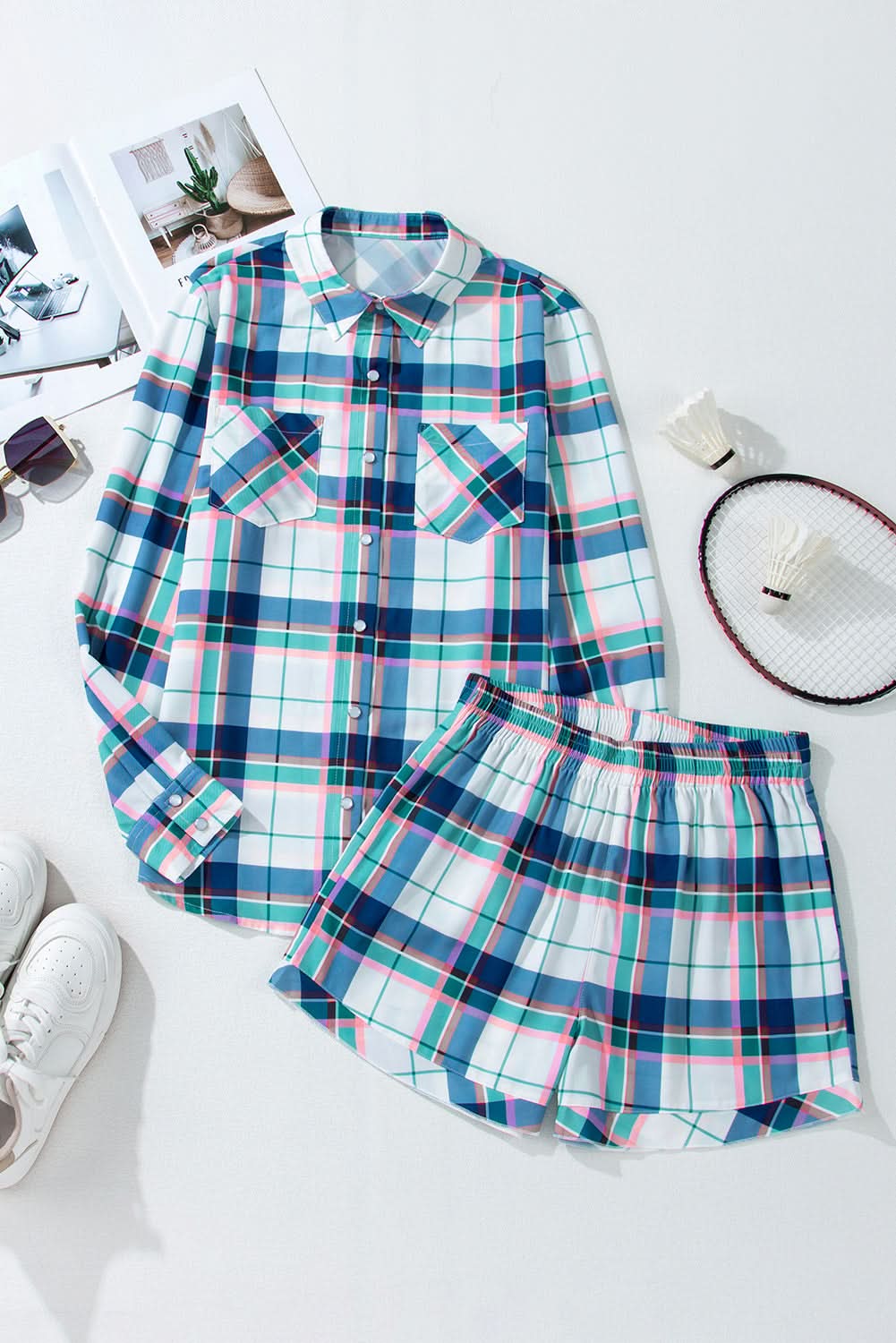Chic blue plaid loungewear set - Love Salve