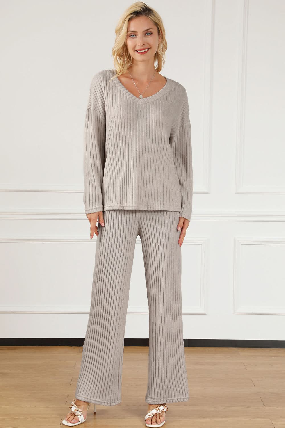 Chic khaki ribbed knit two-piece set - Love Salve