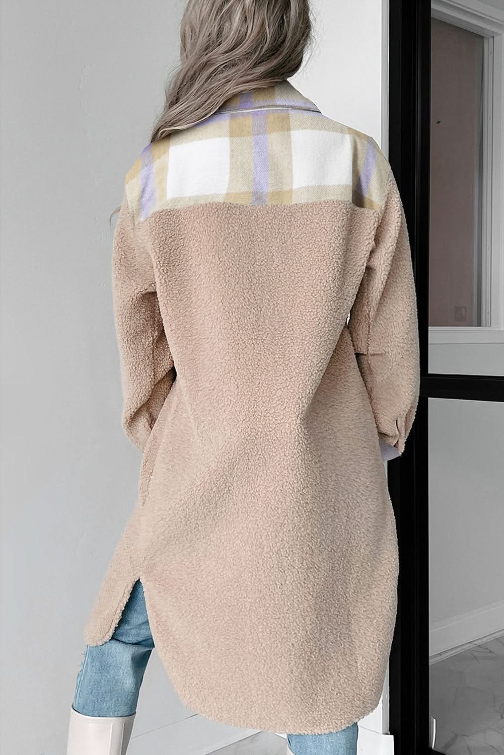 Chic smoke gray plaid sherpa coat - Love Salve
