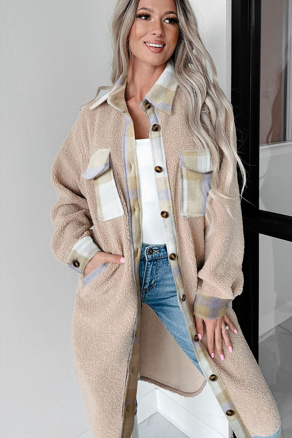 Chic smoke gray plaid sherpa coat - Love Salve