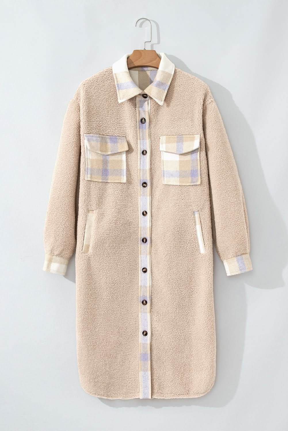 Chic smoke gray plaid sherpa coat - Love Salve
