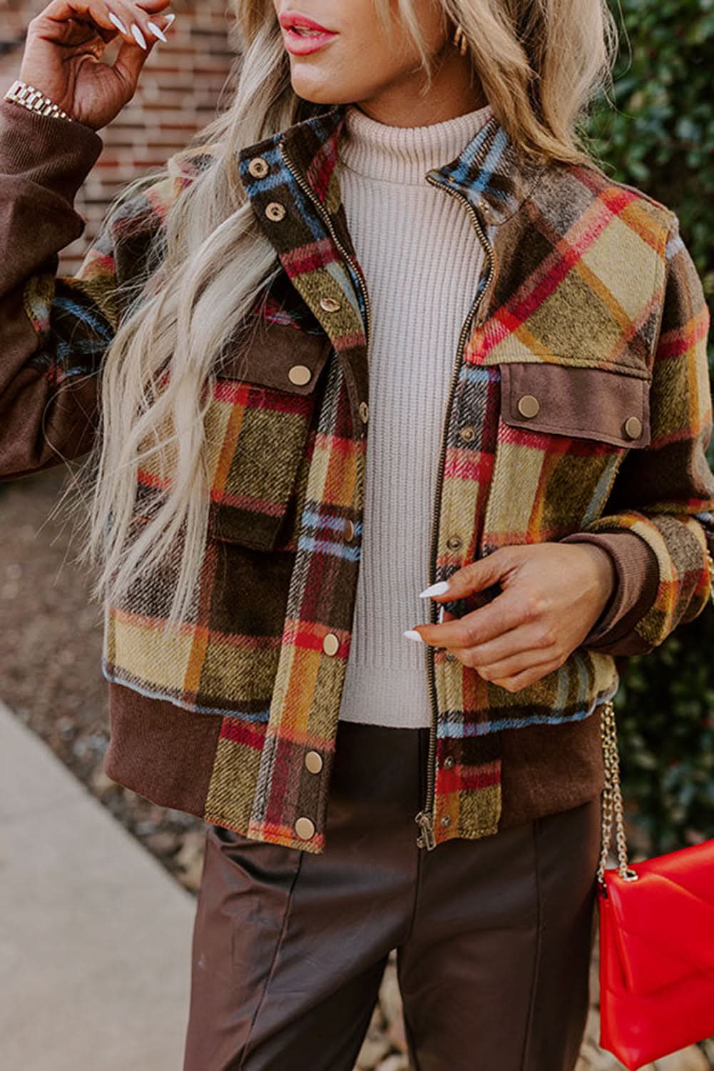 Brown Plaid Jacket with Pockets - Love Salve