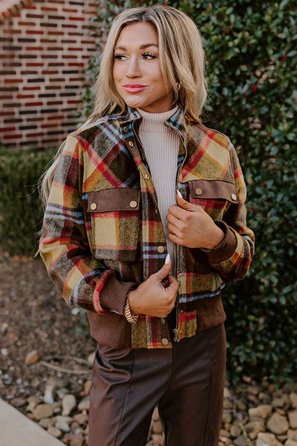 Brown Plaid Jacket with Pockets - Love Salve