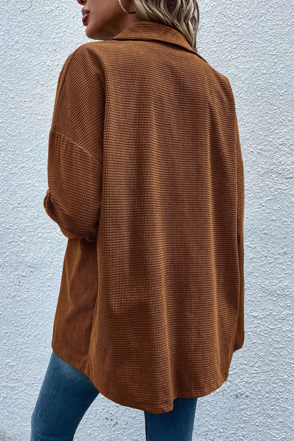 Brown textured shacket with pockets - Love Salve