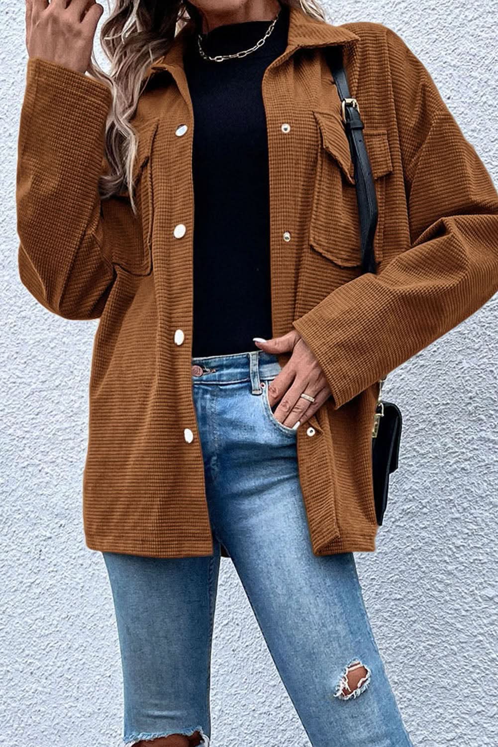 Brown textured shacket with pockets - Love Salve