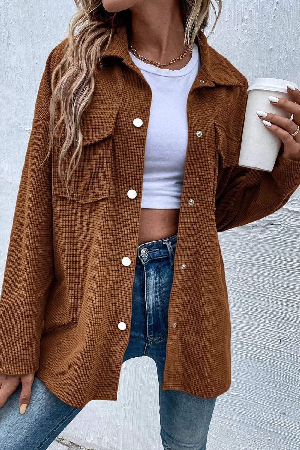 Brown textured shacket with pockets - Love Salve