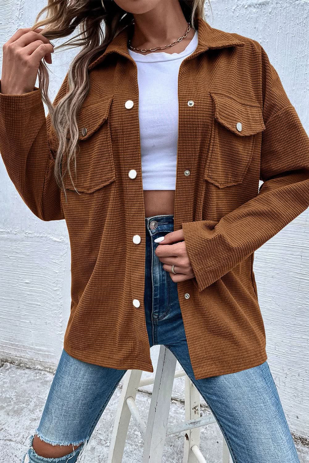 Brown textured shacket with pockets - Love Salve